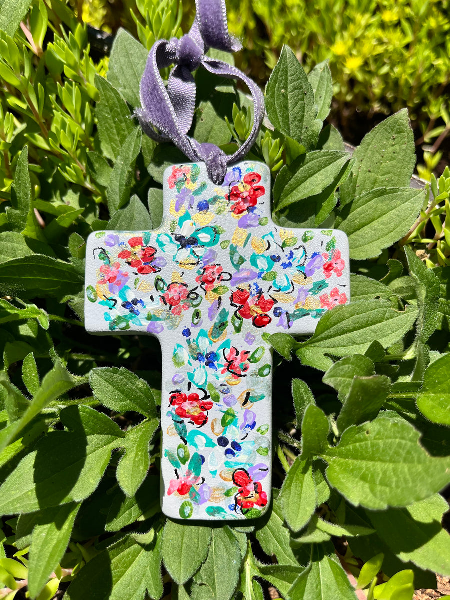 Hand Painted Ceramic Floral Cross – Red Garden Basket