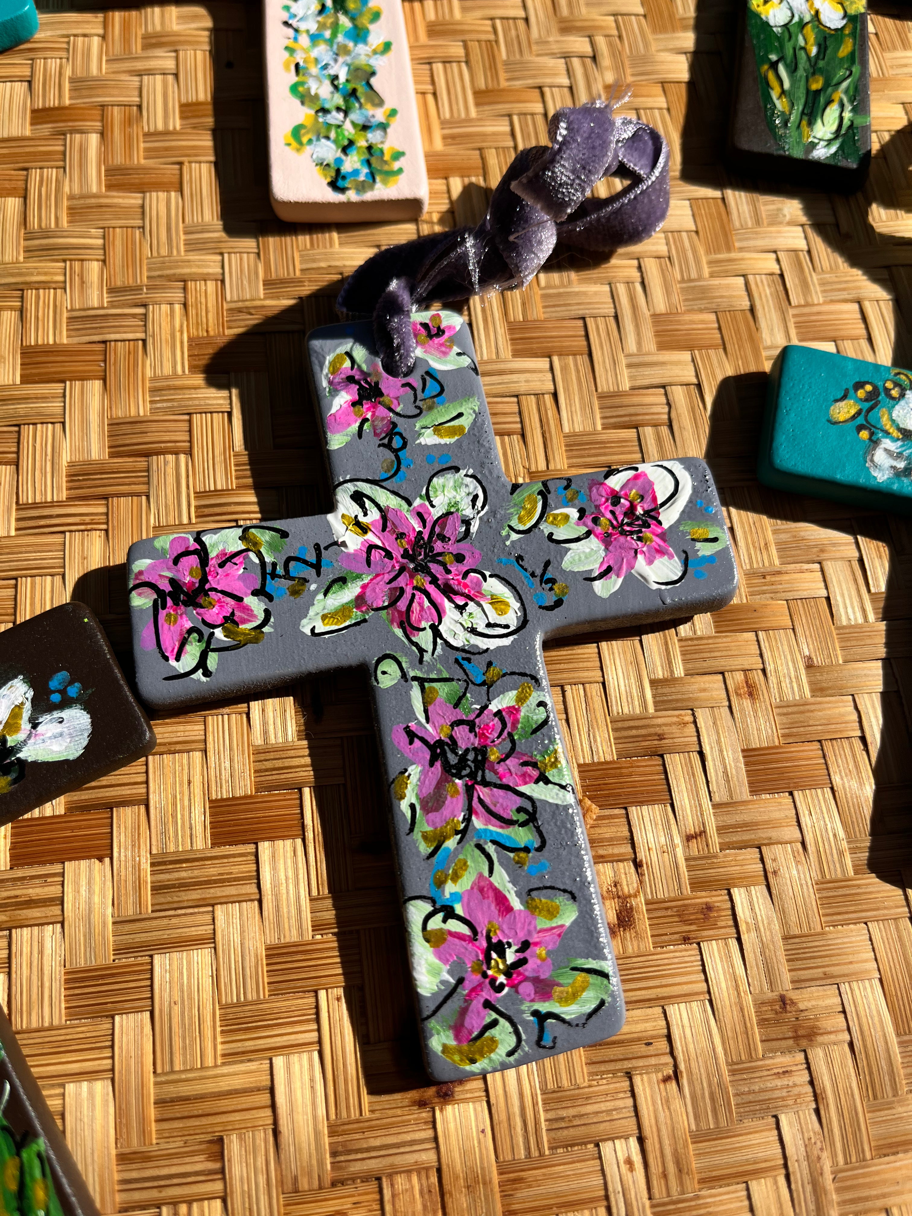 Hand Painted Ceramic Floral Cross