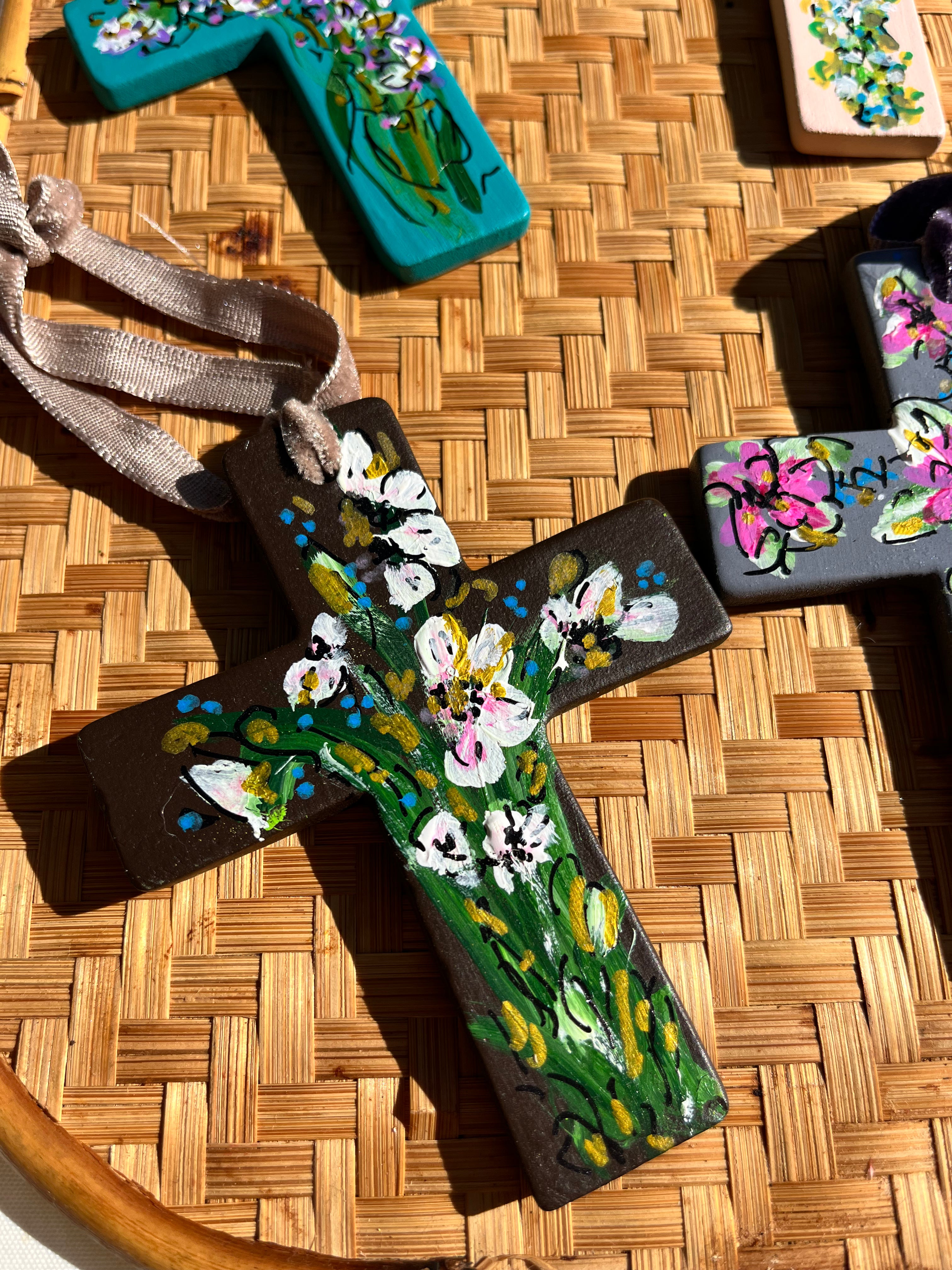 Hand Painted Ceramic Floral Cross