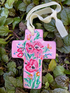Hand Painted Ceramic Floral Cross - Poppy