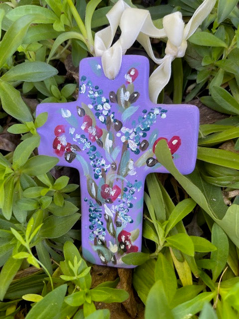 Hand Painted Ceramic Floral Cross - Delphinium & Anemone