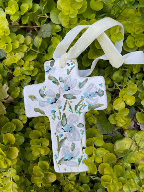 Hand Painted Ceramic Floral Cross - Forget Me Nots
